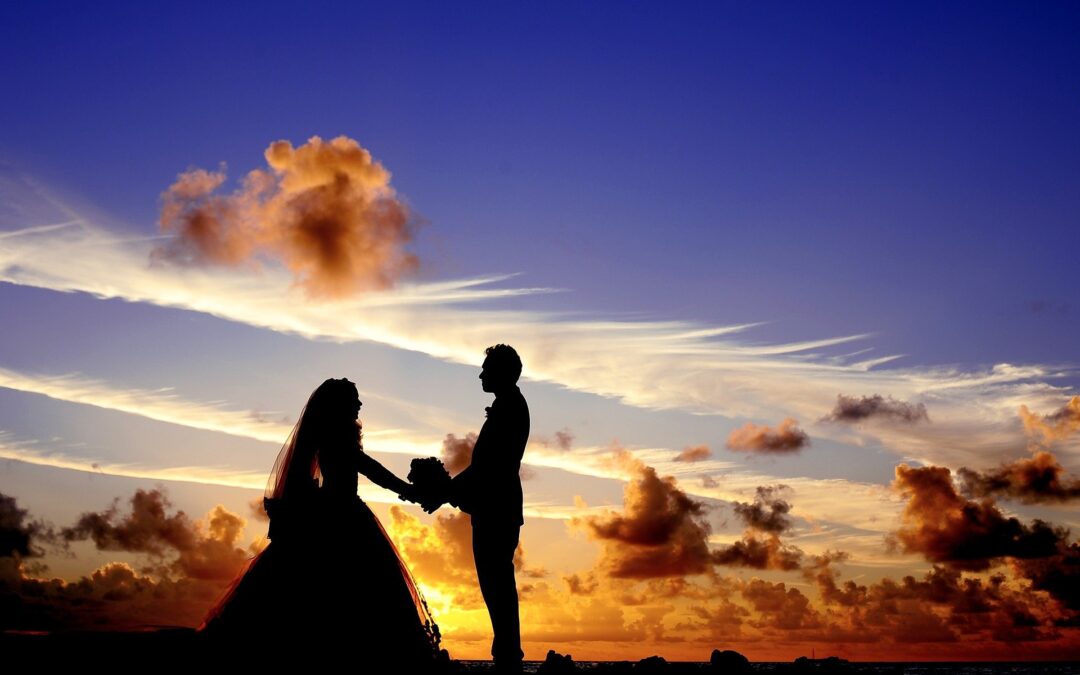 bridal couple at sunset